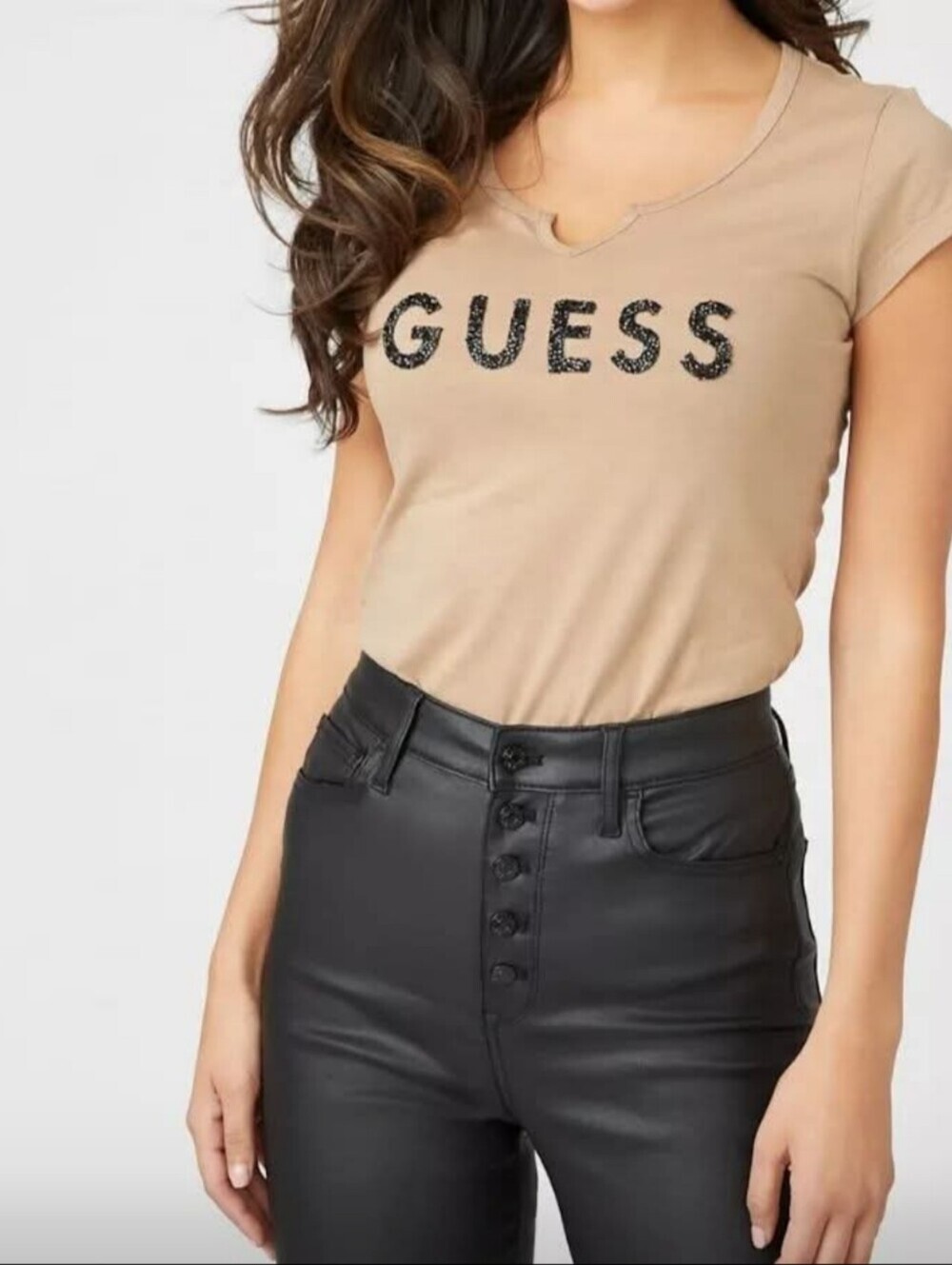 GUESS Beige Short Sleeve V-Neck Logo Tee